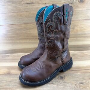Justin Gypsy Steel Toe Womens Boots 7.5 Brown Leather Teal Stitching Western